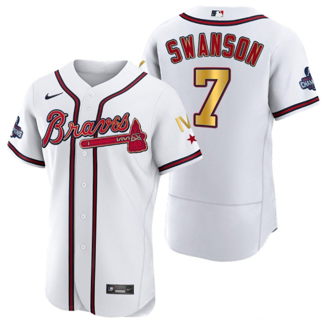 Men's Atlanta Braves #7 Dansby Swanson White Gold World Series Champions Flex Base Stitched Jersey Men's Atlanta Braves #7 Dansby Swanson White Gold World Series Champions Flex Base Stitched Jersey